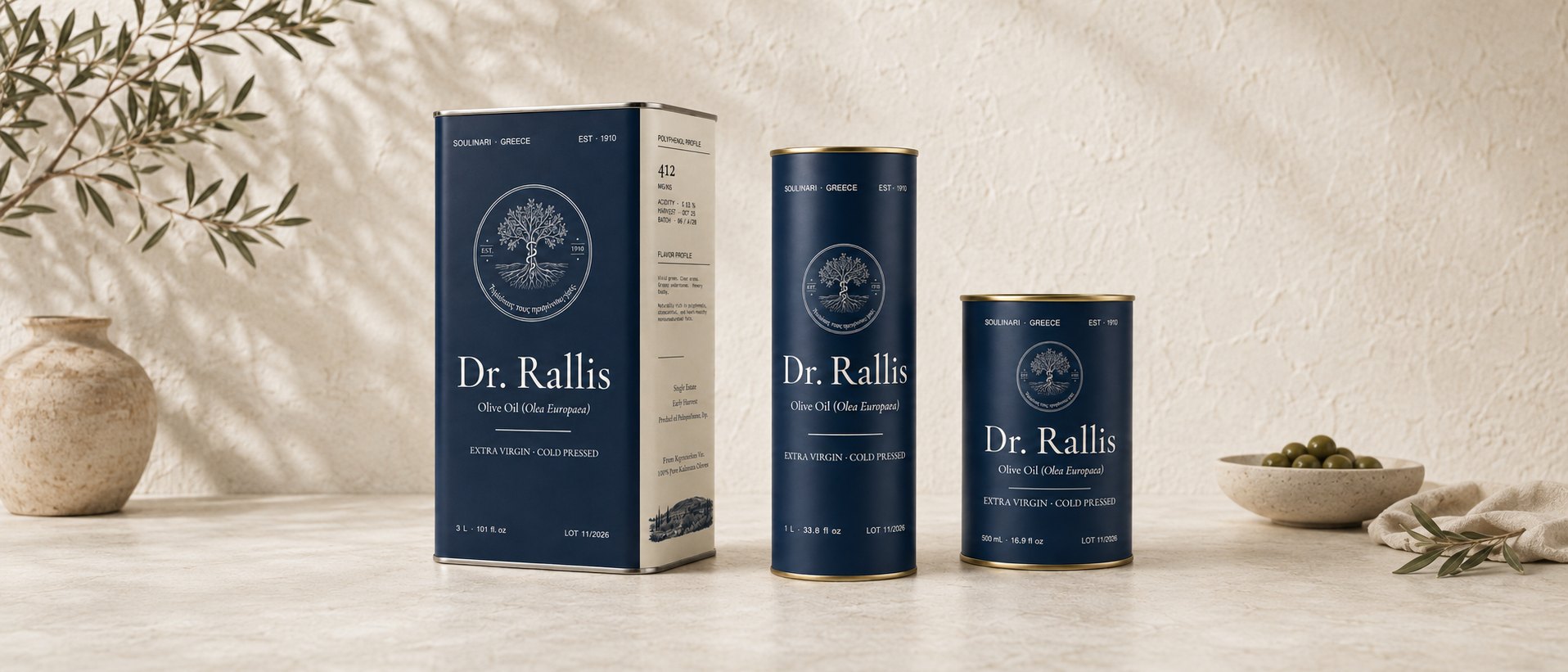 Dr. Rallis Olive Oil — the three tin sizes, displayed together